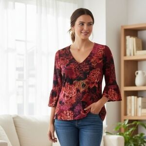 Unique Spectrum Knits Burgundy Black Floral Bell Sleeve Boho Top NWOT Medium